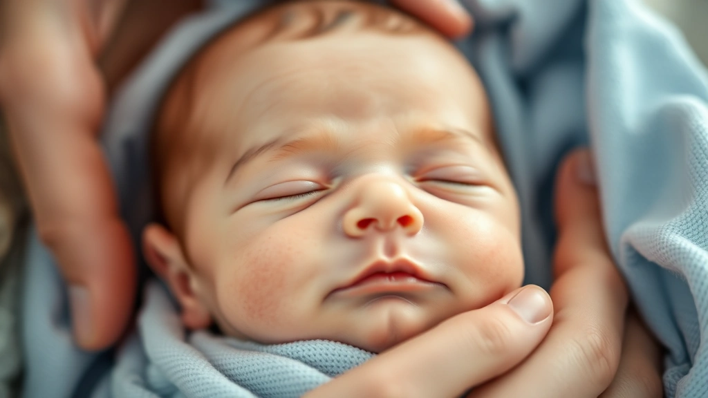 Close-up of a newborn infant with peaceful expression, soft lighting, wrapped gently in light blue blanket, parent's hands visible cradling baby