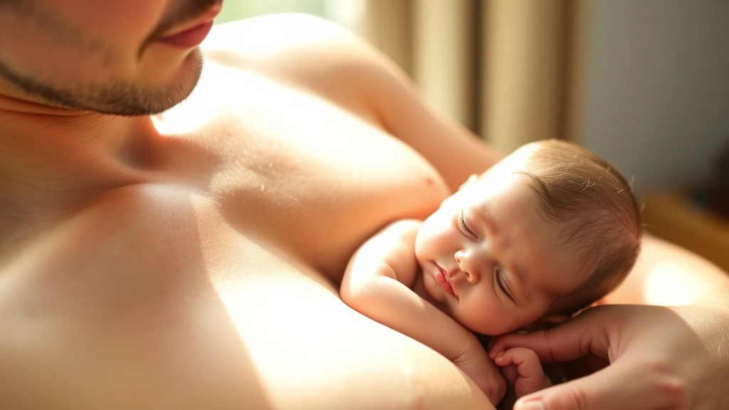 Parent and baby during skin-to-skin contact, warm natural lighting, intimate bonding moment, baby resting on parent's chest, peaceful expressions