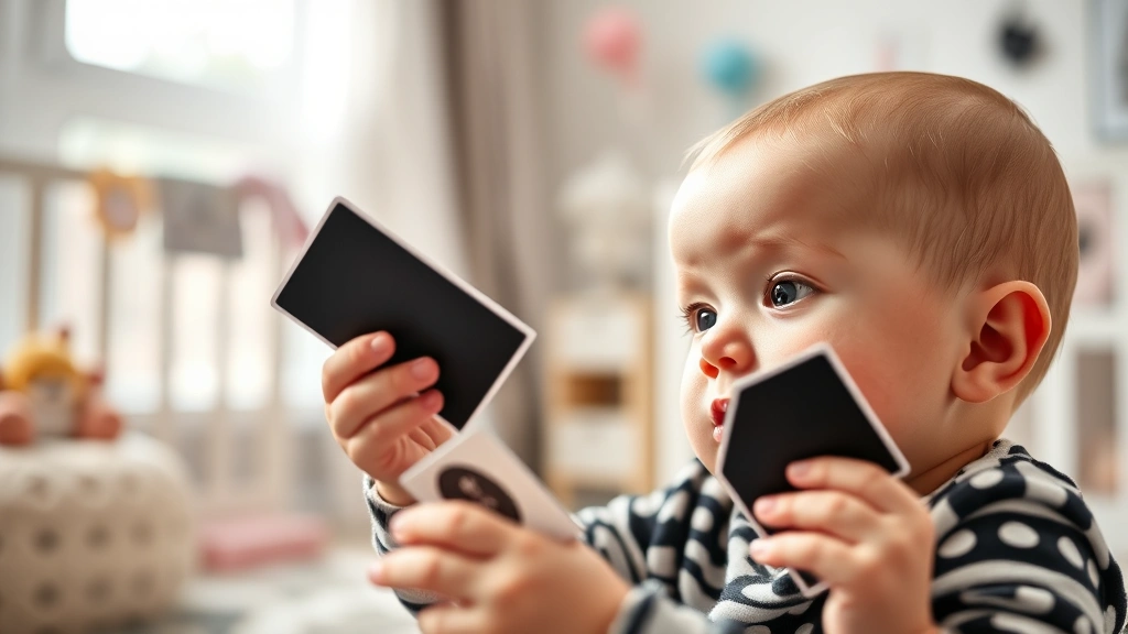 Colorful high-contrast black and white cards or toys near a baby's face, nursery setting with soft natural light, baby focused and engaged