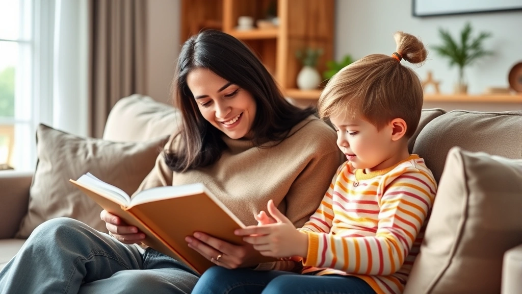 Warm family scene showing a parent and young child reading together on a comfortable couch in a modern living room, soft natural lighting, candid and genuine interaction