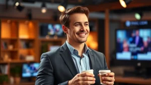 Professional man in studio setting with warm lighting, smiling thoughtfully while holding coffee, representing a television host in his work environment