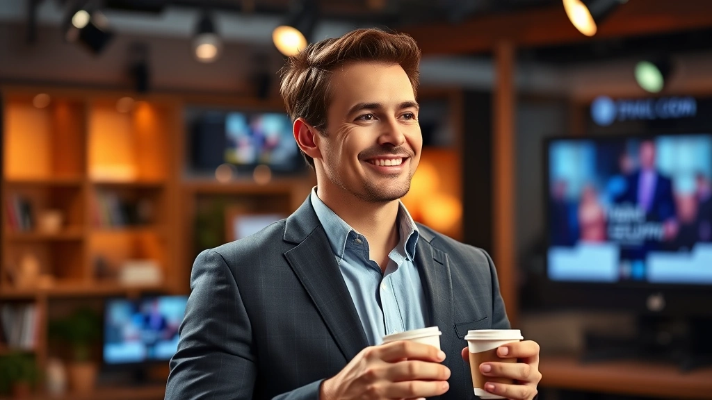 Professional man in studio setting with warm lighting, smiling thoughtfully while holding coffee, representing a television host in his work environment