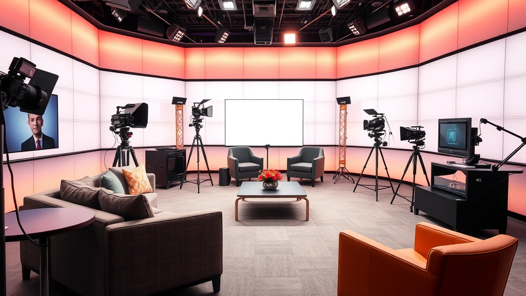 Professional broadcast studio setting with comfortable seating and warm lighting, suggesting media and television environment, modern and contemporary design