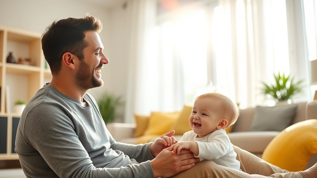 Young father and small child playing together in a sunlit living room, both laughing, showing genuine parental bonding and family connection moments