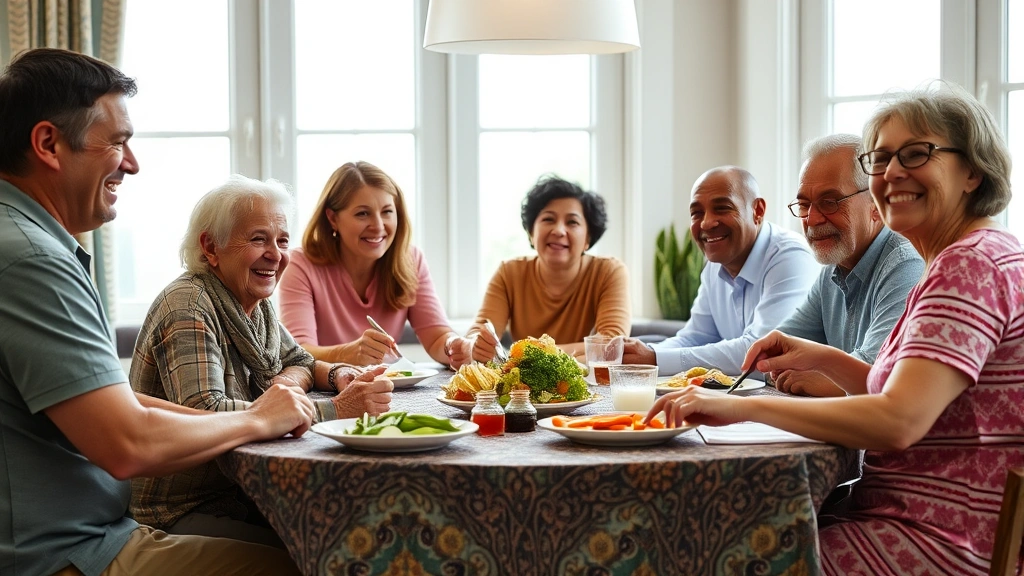 Multi-generational family gathering around a dining table sharing a meal, natural window lighting, relaxed and authentic family moment, diverse and inclusive representation