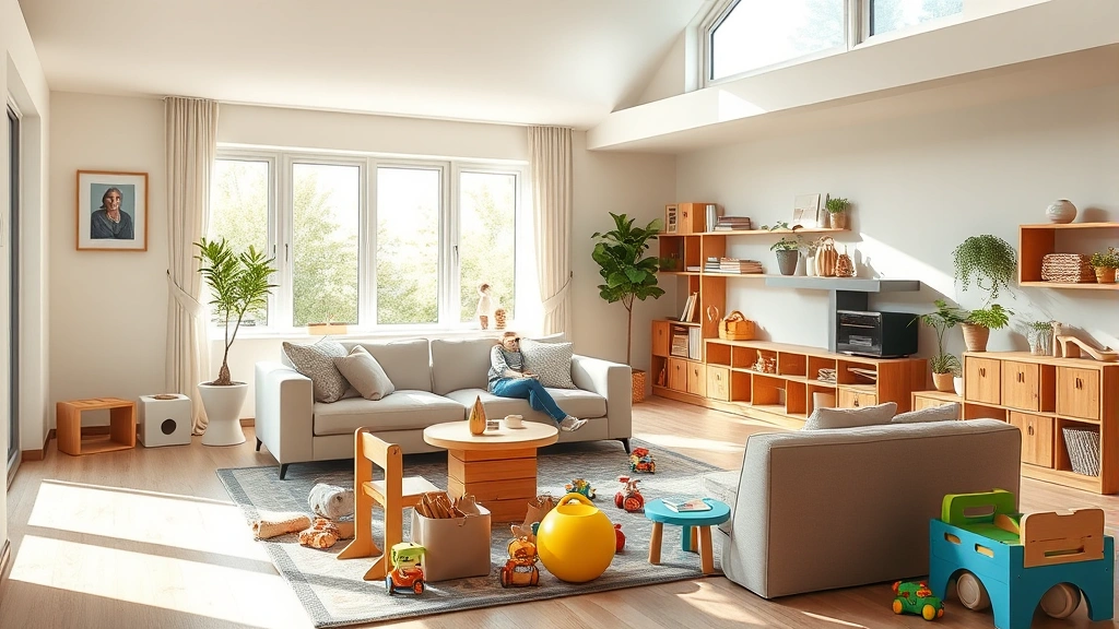 Modern family home interior with comfortable seating, toys organized neatly, natural light streaming through windows, representing a balanced family space