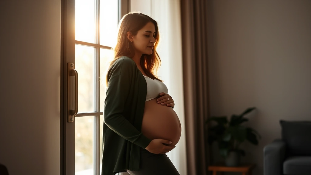 A pregnant woman in stylish casual clothing standing by a sunlit window, gently cradling her belly, serene and peaceful expression, modern home interior background
