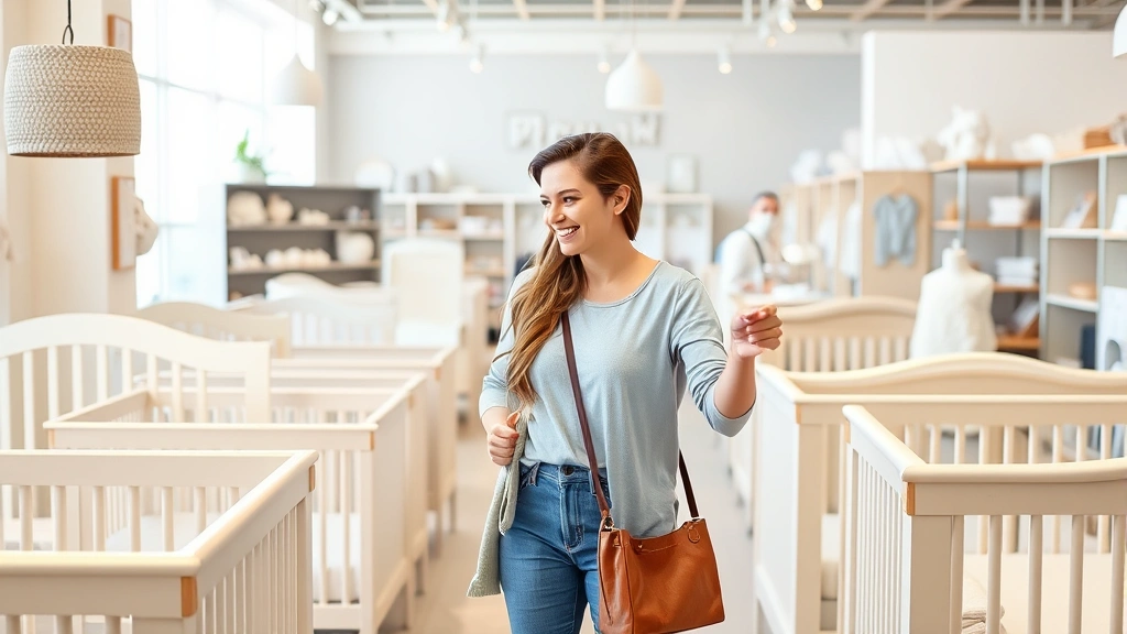 A couple shopping together in a modern baby store, looking at cribs and furniture, smiling and pointing at items, bright natural lighting, diverse representation