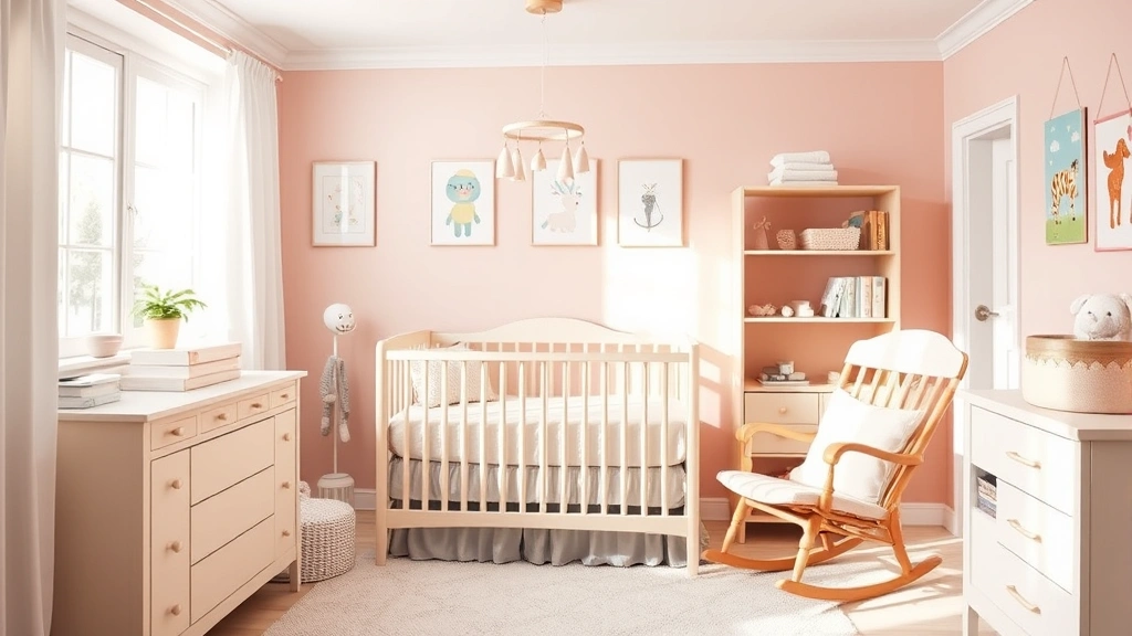 A beautifully organized nursery with soft pastel colors, crib with soft bedding, mobile overhead, rocking chair by window, warm natural light streaming in, cozy atmosphere