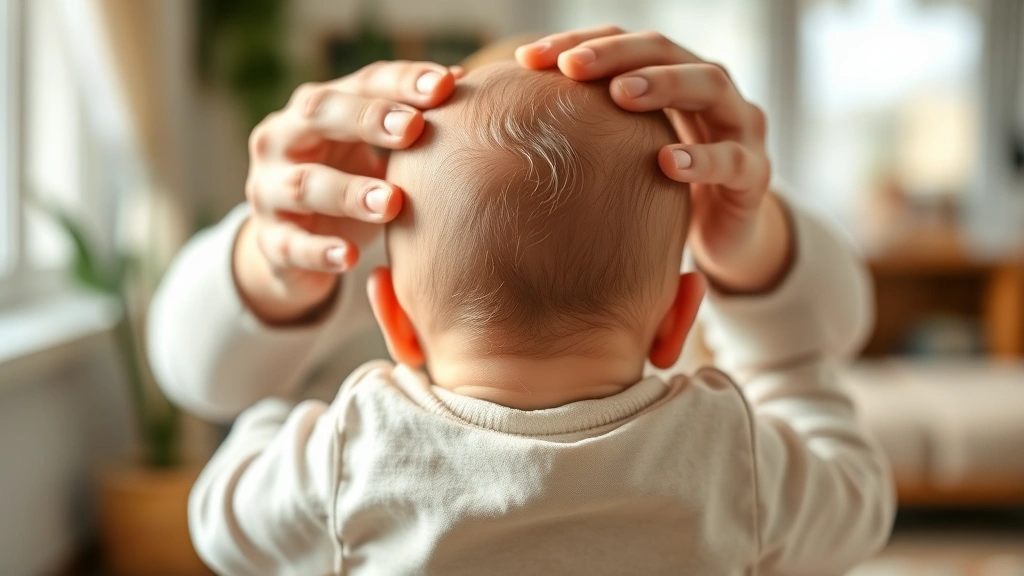 Warm, caring adult hands gently supporting an infant's head and back, soft natural lighting, peaceful expression, indoor home setting
