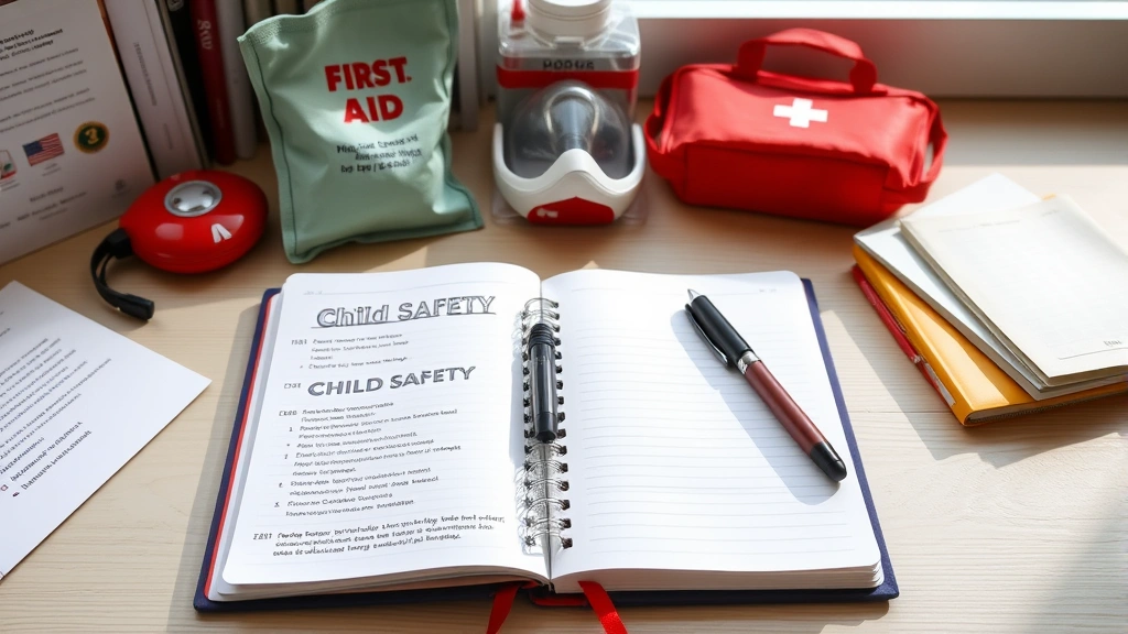 Open notebook with child safety checklist, pen, and protective items like first aid kit visible, organized desk workspace, natural daylight