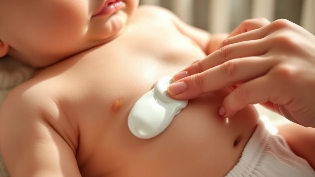 Close-up of a baby's soft skin and a gentle hand applying diaper cream, warm natural lighting, peaceful nursery setting