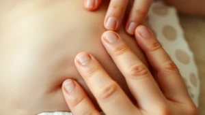 Close-up of soft baby skin being gently touched, showing delicate texture and natural tone, with blurred diaper in background, warm lighting