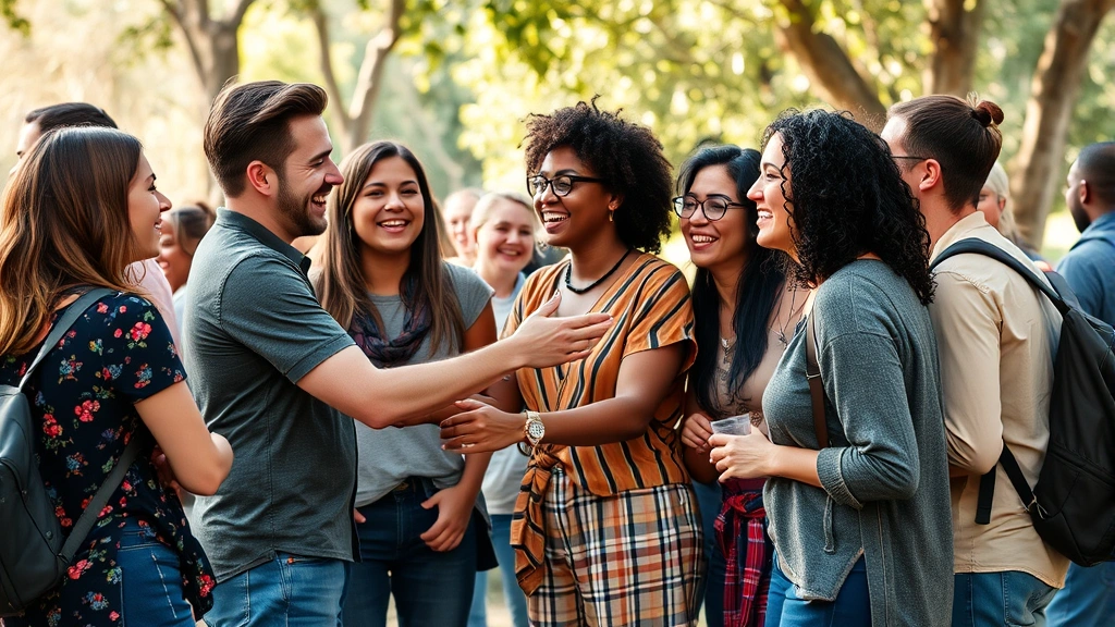 Diverse group of friends greeting each other enthusiastically at a casual gathering, smiling and embracing, natural outdoor setting with warm afternoon light