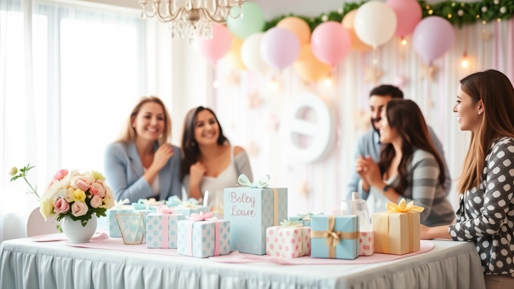 Beautifully decorated baby shower celebration with pastel decorations, balloons, and gifts arranged on a table, soft focus background with attendees laughing together