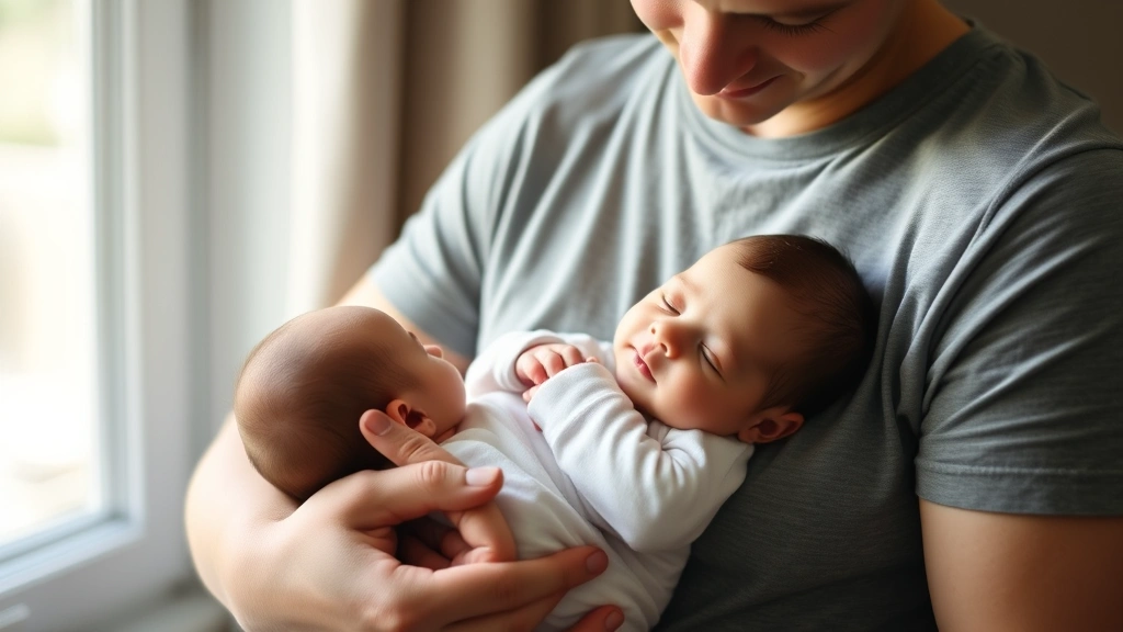 A parent holding a newborn close to their chest, both looking peaceful and content, soft natural lighting from a window, intimate family moment without any text or numbers visible