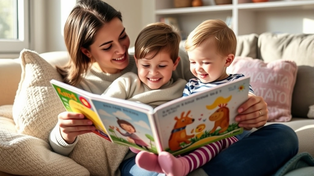 A parent reading a colorful children's book to a toddler sitting on their lap, both engaged and smiling, cozy home setting with soft furnishings, warm afternoon light