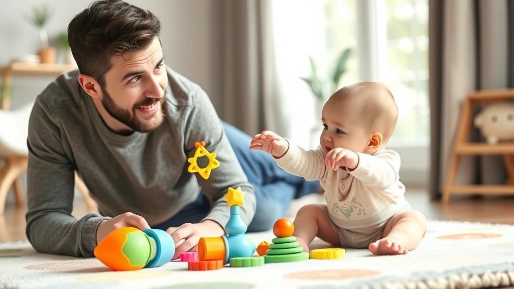 A baby and parent playing with toys on a soft play mat, the parent making an animated expression while the baby reaches toward them with joy, bright but natural indoor lighting