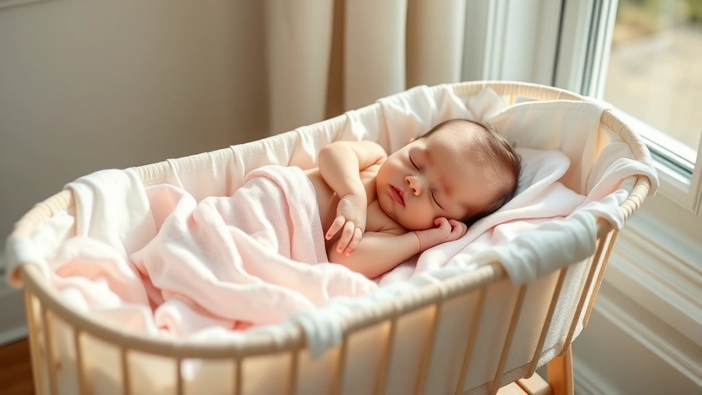 A newborn baby girl sleeping peacefully in a soft bassinet with delicate white linens and pale pink blankets, warm natural light streaming through a window