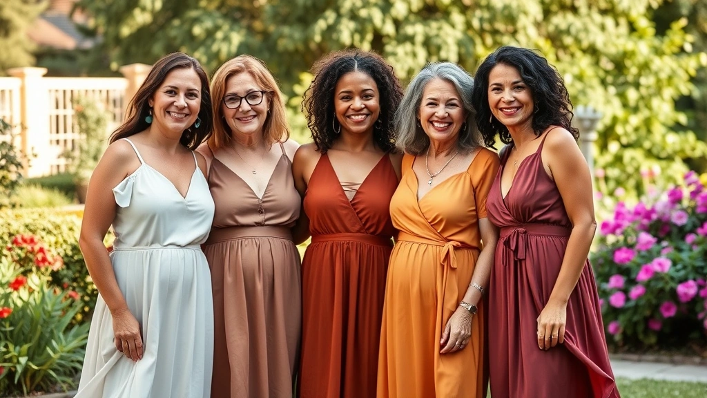 A diverse family of three generations of women smiling together outdoors in a garden setting, wearing flowing summer dresses in warm earth tones