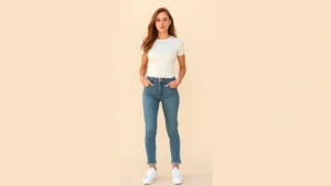 Woman wearing fitted cream crew neck baby tee with high-waisted jeans and white sneakers, standing against neutral beige background, natural lighting