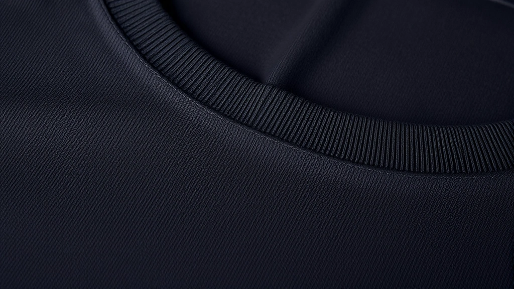 Close-up detail of quality cotton fabric texture on a fitted crew neck tee, showing seam construction and fabric weave