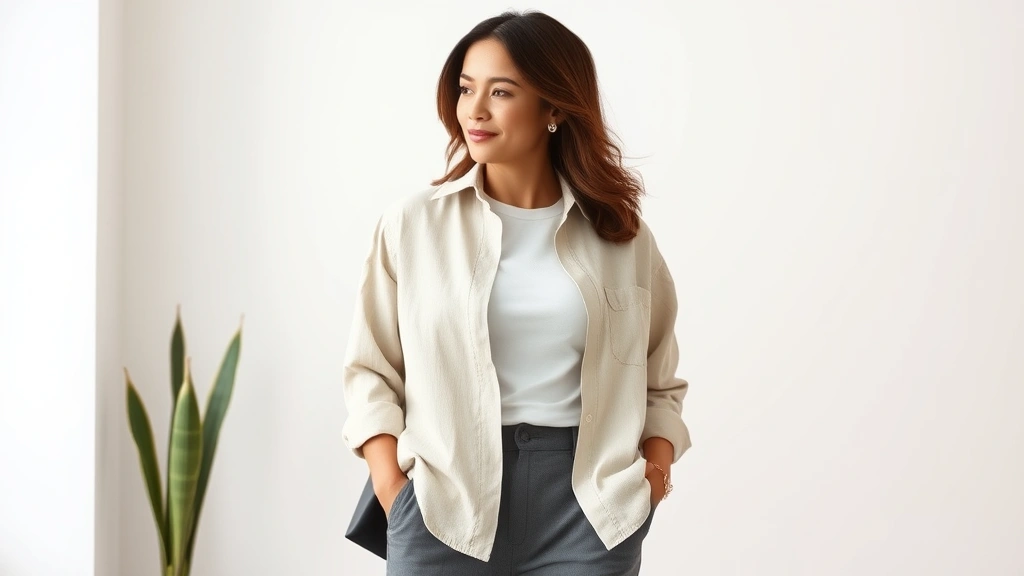 Woman styling a fitted crew baby tee layered under an oversized linen button-up shirt, paired with tailored trousers, professional casual aesthetic