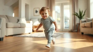 A young child taking their first confident steps across a sunlit living room floor, with soft morning light creating warm shadows, capturing genuine joy and determination on their face