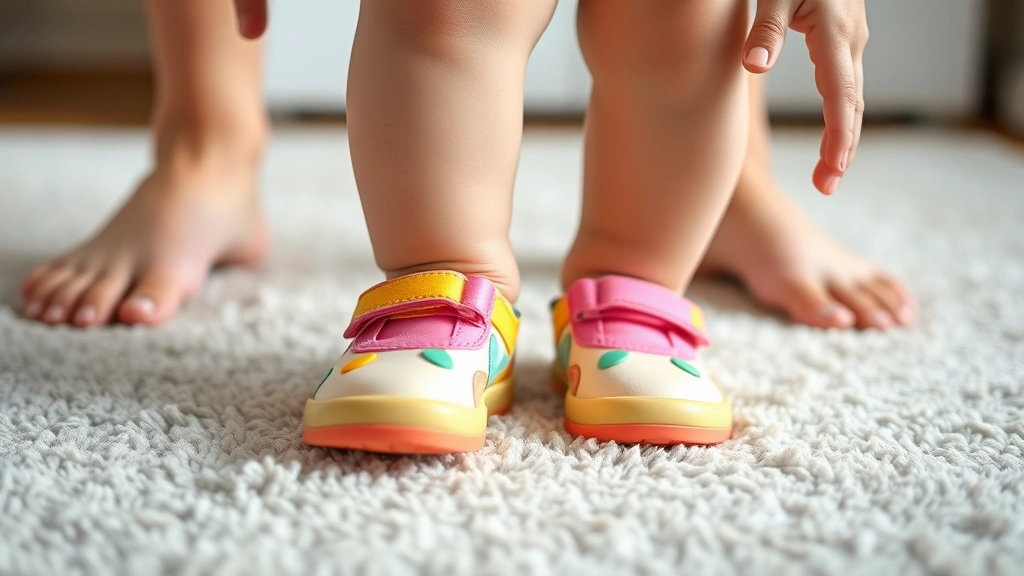 Close-up of a toddler's feet in colorful walking shoes on a soft carpet, with a parent's hands gently supporting nearby, showing the early stages of independent movement