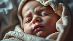 Close-up of a peaceful sleeping infant in soft lighting, wrapped in gentle blankets, appearing calm and restful during nighttime