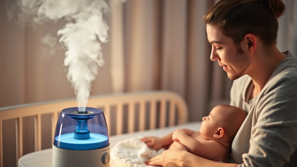 Parent using a humidifier in a nursery, with visible mist in the air, soft warm lighting, showing comfort care for a baby