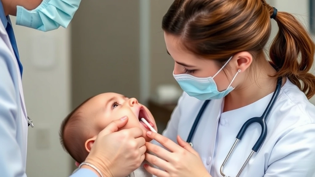 Healthcare professional examining a baby's throat with a tongue depressor, gentle interaction showing medical assessment and care