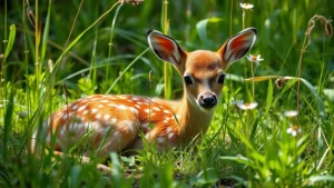 Young white-tailed fawn with spotted coat lying hidden in tall grass and wildflowers, alert expression, natural woodland setting with dappled sunlight, photorealistic nature photography