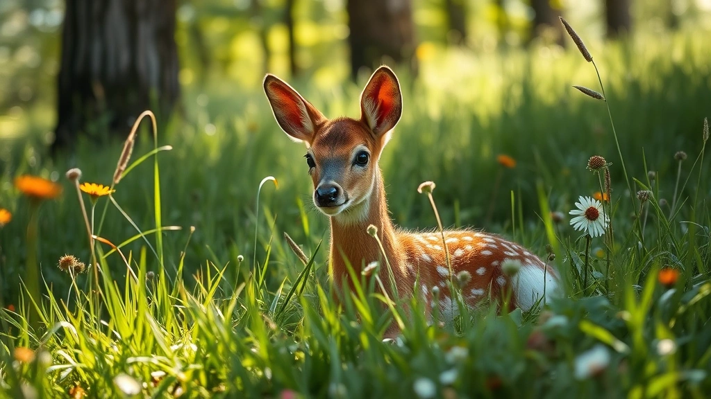 A young white-tailed fawn with spotted coat lying hidden in tall grass and wildflowers, alert and watchful, dappled sunlight filtering through trees