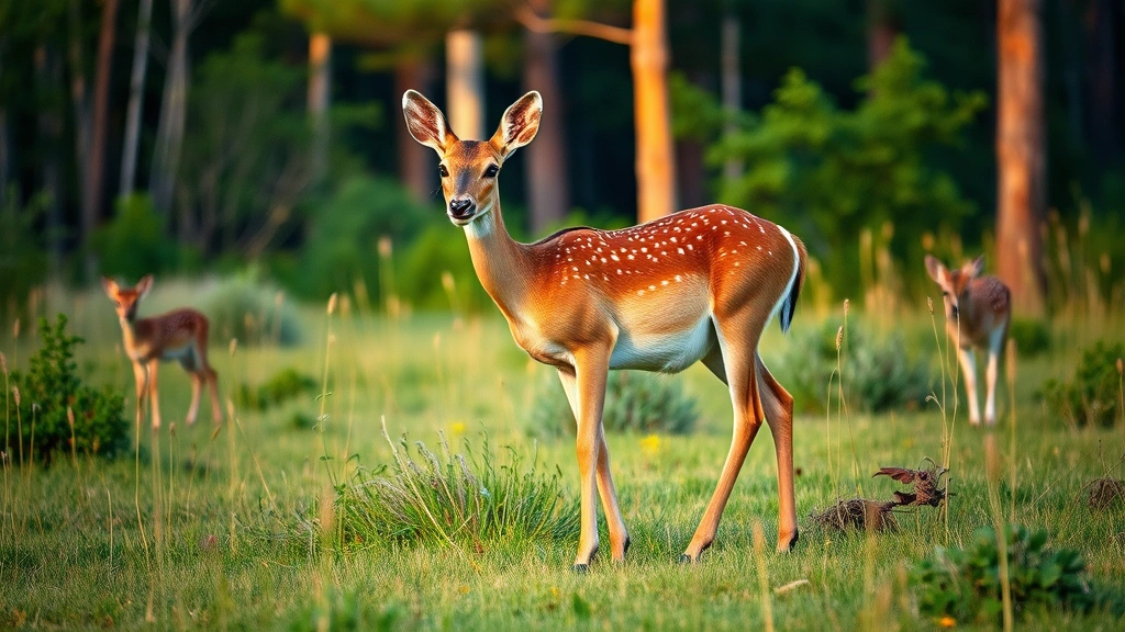 Mother doe standing in a meadow grazing, alert posture, natural forest backdrop with trees and green vegetation, warm golden hour lighting, photorealistic wildlife scene
