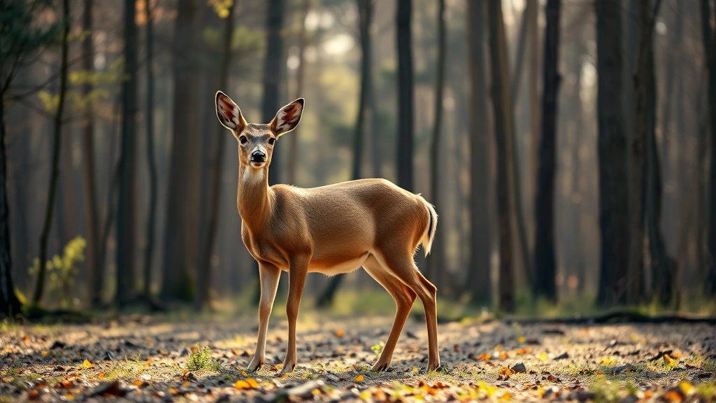 A mother white-tailed deer standing alert in a forest clearing, ears up, looking protective and vigilant with soft natural lighting