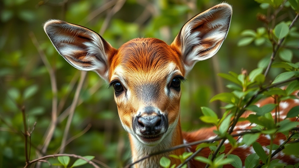 Close-up of a fawn's face showing attentive eyes and ears, surrounded by green foliage and brush providing natural camouflage, soft natural lighting, photorealistic animal portrait