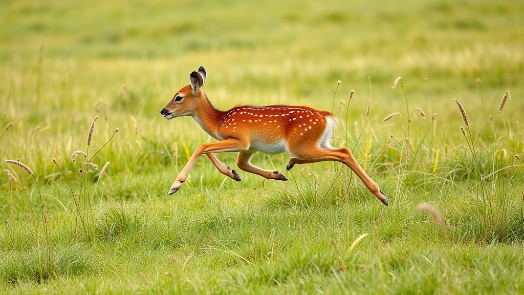 A fawn stotting or jumping through a meadow with exaggerated bouncing movements, showing athletic development and natural agility in open grassland