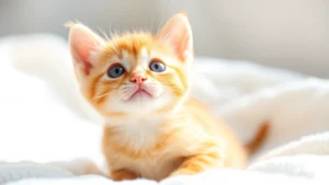 Tiny orange tabby kitten with blue eyes looking upward, curious expression, sitting on soft white blanket in bright natural light
