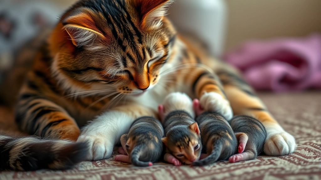 Mother cat with three newborn kittens nursing, intimate family moment, warm cozy setting with soft focus background