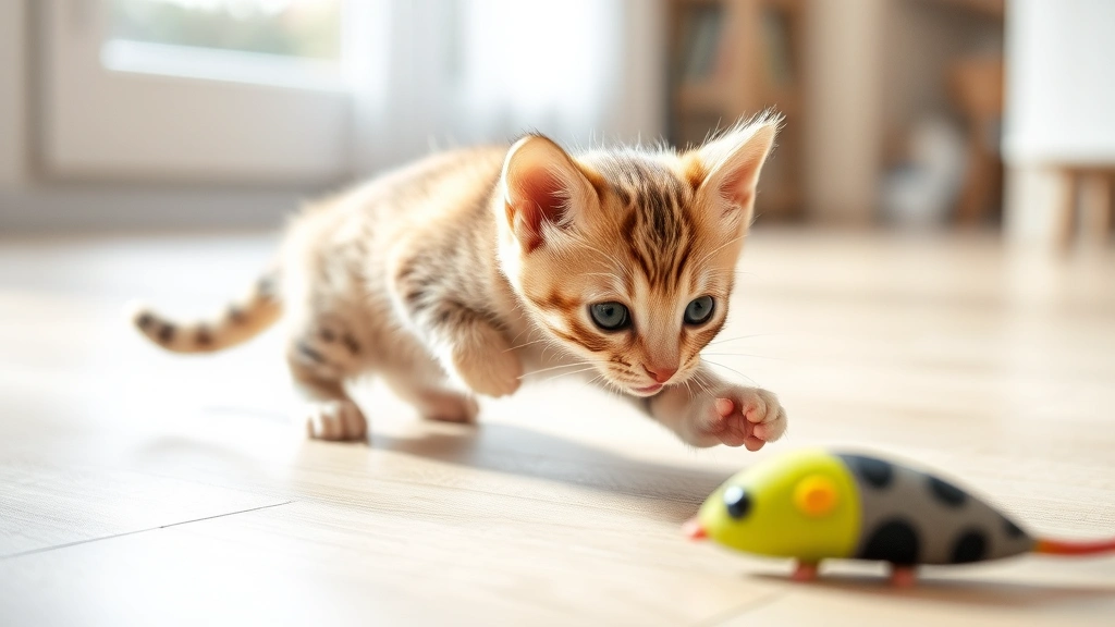 Young kitten playing with colorful toy mouse, pouncing mid-action, focused expression, on light wooden floor with natural window lighting