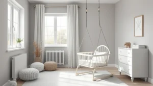 Modern nursery room with a comfortable baby swing in soft gray and white colors, natural window lighting, minimal aesthetic, peaceful and calm environment