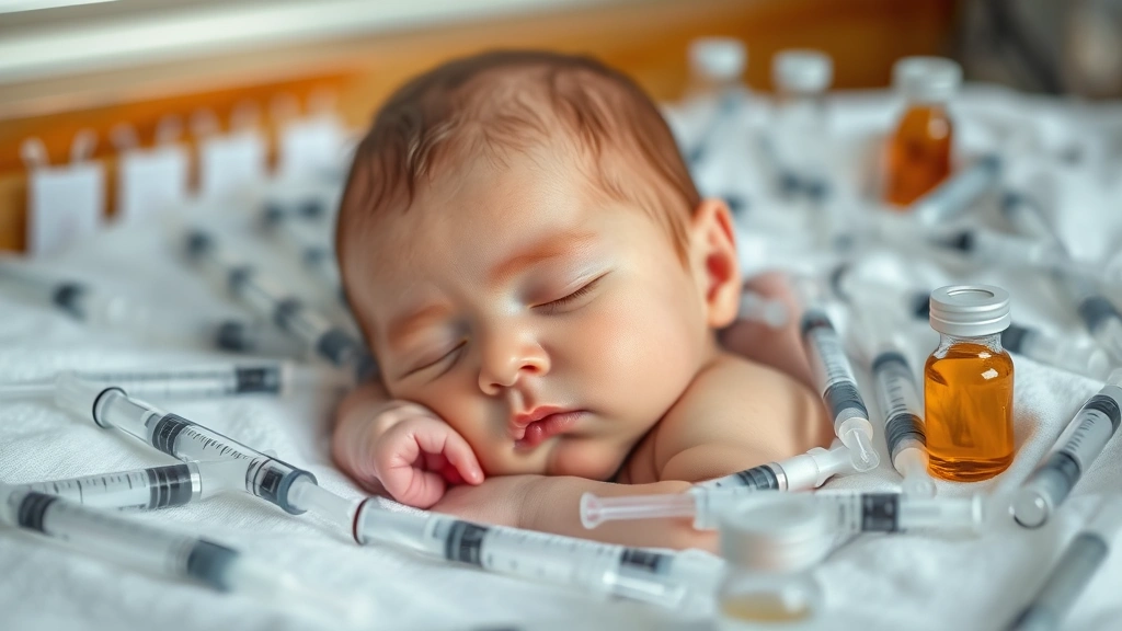 Newborn baby peacefully sleeping surrounded by arranged medical syringes and medication vials in soft natural lighting, gentle and hopeful atmosphere