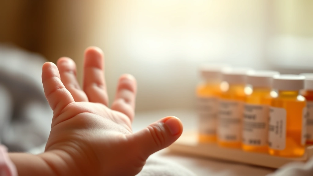 Close-up of tiny infant hands reaching toward arranged fertility treatment medications, warm studio lighting, emotional and tender moment