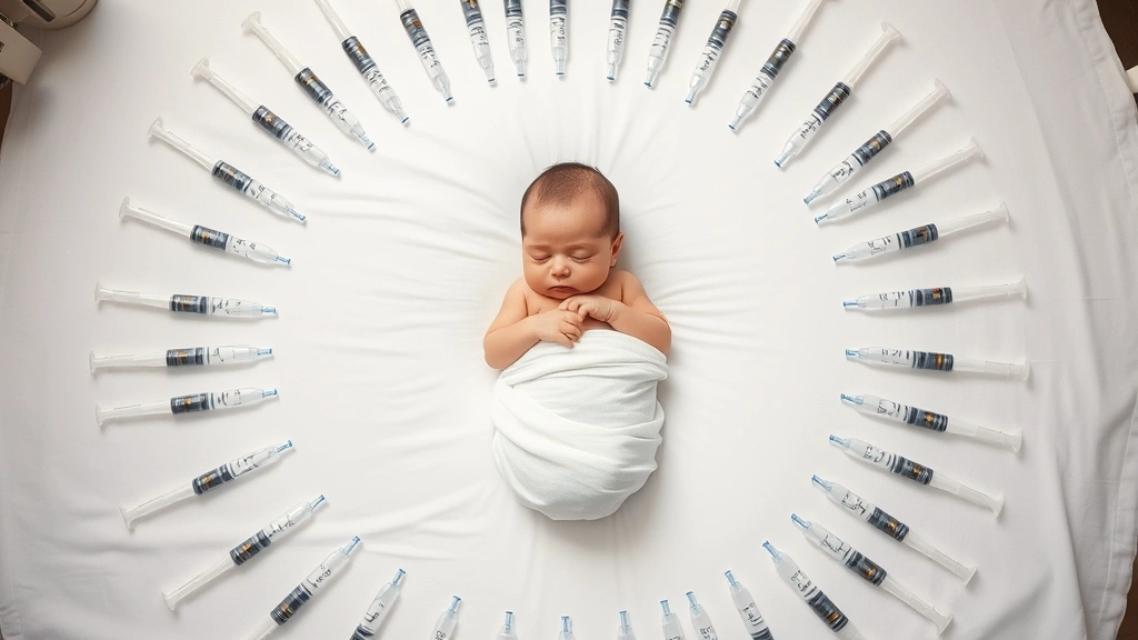 Newborn wrapped in soft blanket positioned in center of circular arrangement of injections and medical supplies, serene and victorious composition