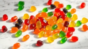 Colorful assorted jelly babies candies scattered on a white marble surface with soft natural lighting, vibrant reds, yellows, oranges, greens, and blacks visible