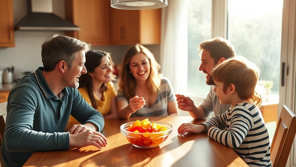 Family sitting together at a kitchen table sharing a bowl of jelly babies, warm afternoon sunlight streaming through a window, casual home setting