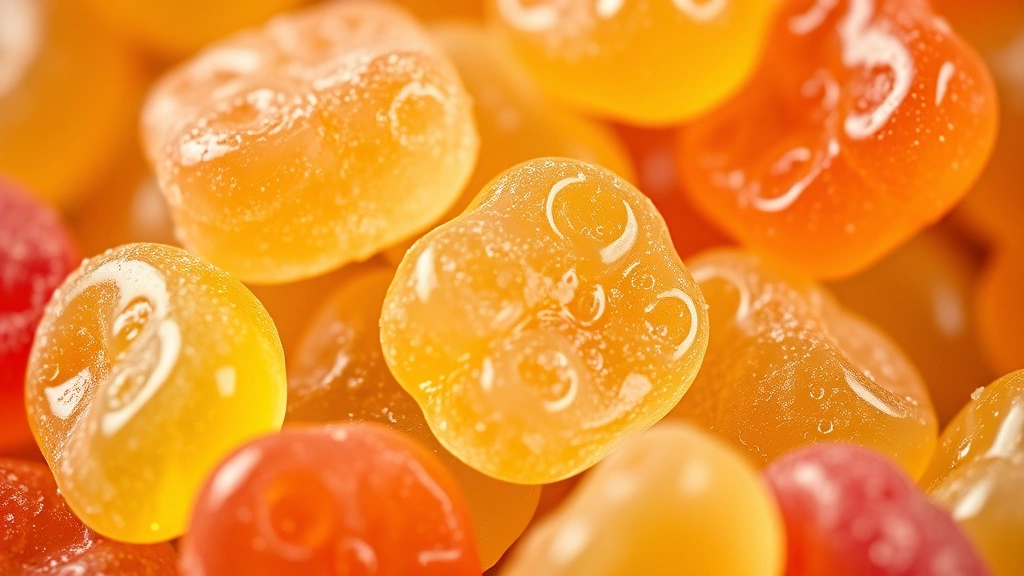 Close-up macro photography of individual jelly baby candies showing texture and detail, with starch coating visible on the surface, bright studio lighting