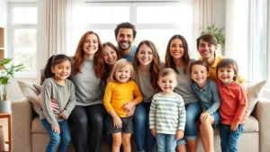 A joyful family of eight posing together in a bright, modern living room with natural light streaming through windows, showing genuine affection and connection between parents and children of various ages