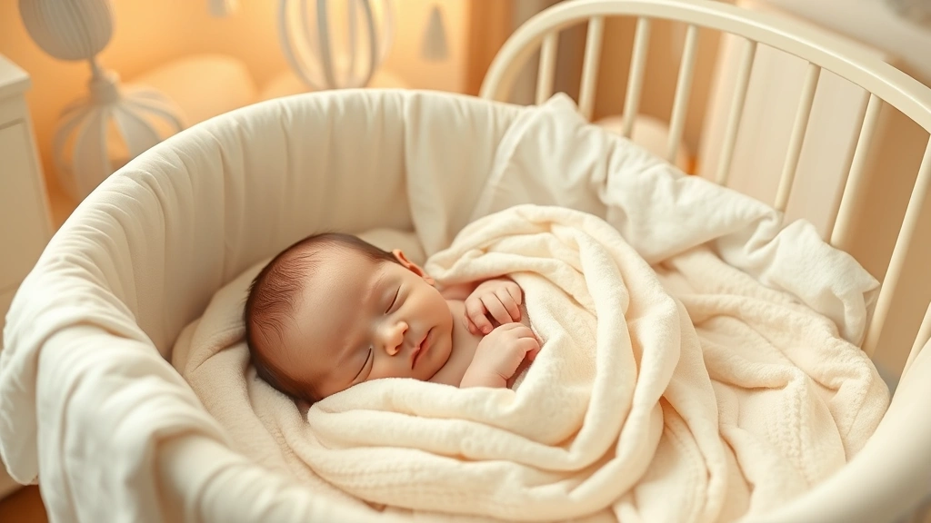 A peaceful newborn baby sleeping soundly in a cozy bassinet surrounded by soft, neutral-colored bedding and gentle nursery décor with warm lighting